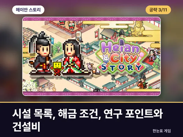헤이안 스토리 공략 3. 시설 목록, 해금 조건, 연구 포인트와 건설비 표지